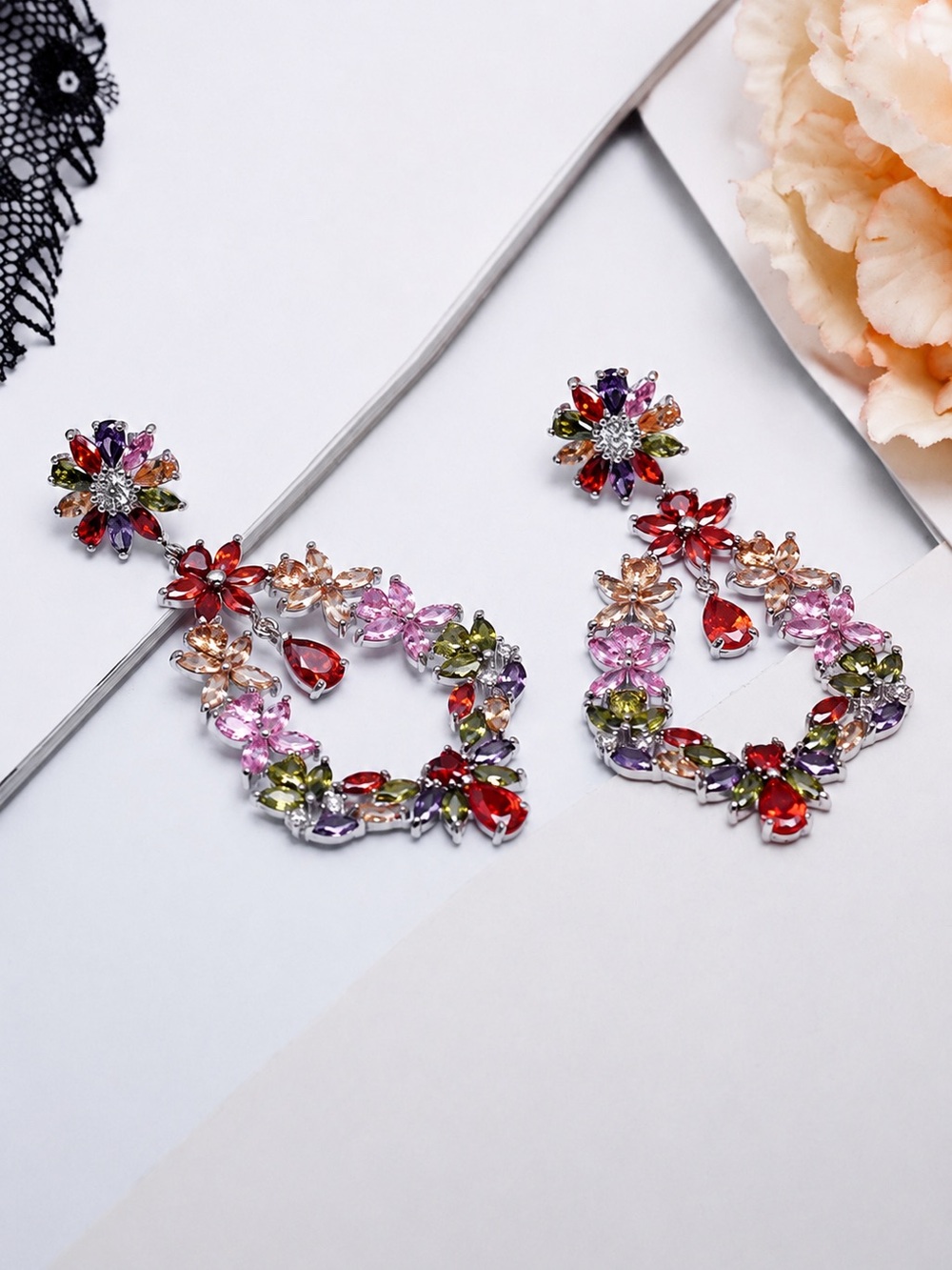 Multicolor Crystal Floral Drop Earrings - Women Jewelry